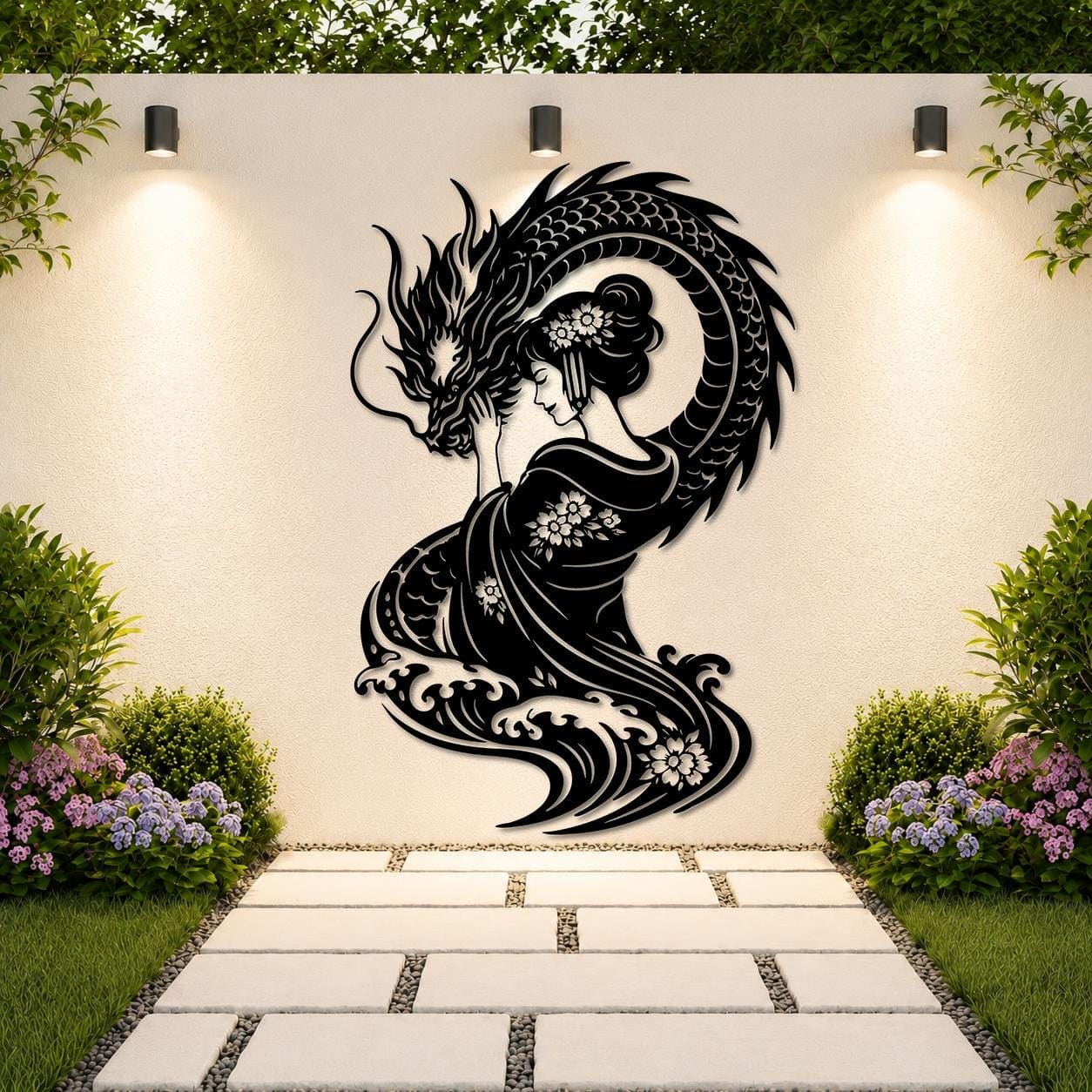 Art Mural Metalik – Dragoi dhe Gejsha – punim artizanal çeliku nga AR-TI Atelier – foto 3