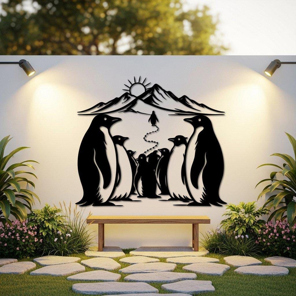 Art Mural Metalik – Familja e Pinguinëve – punim artizanal nga AR-TI Atelier