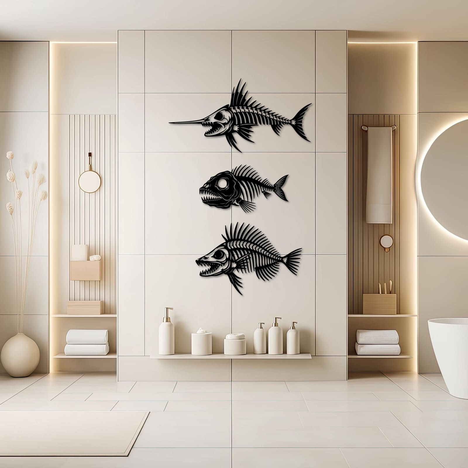 Art Mural Metalik – Skeleti i Peshkut (Set 3 Copë) – punim artizanal nga AR-TI Atelier