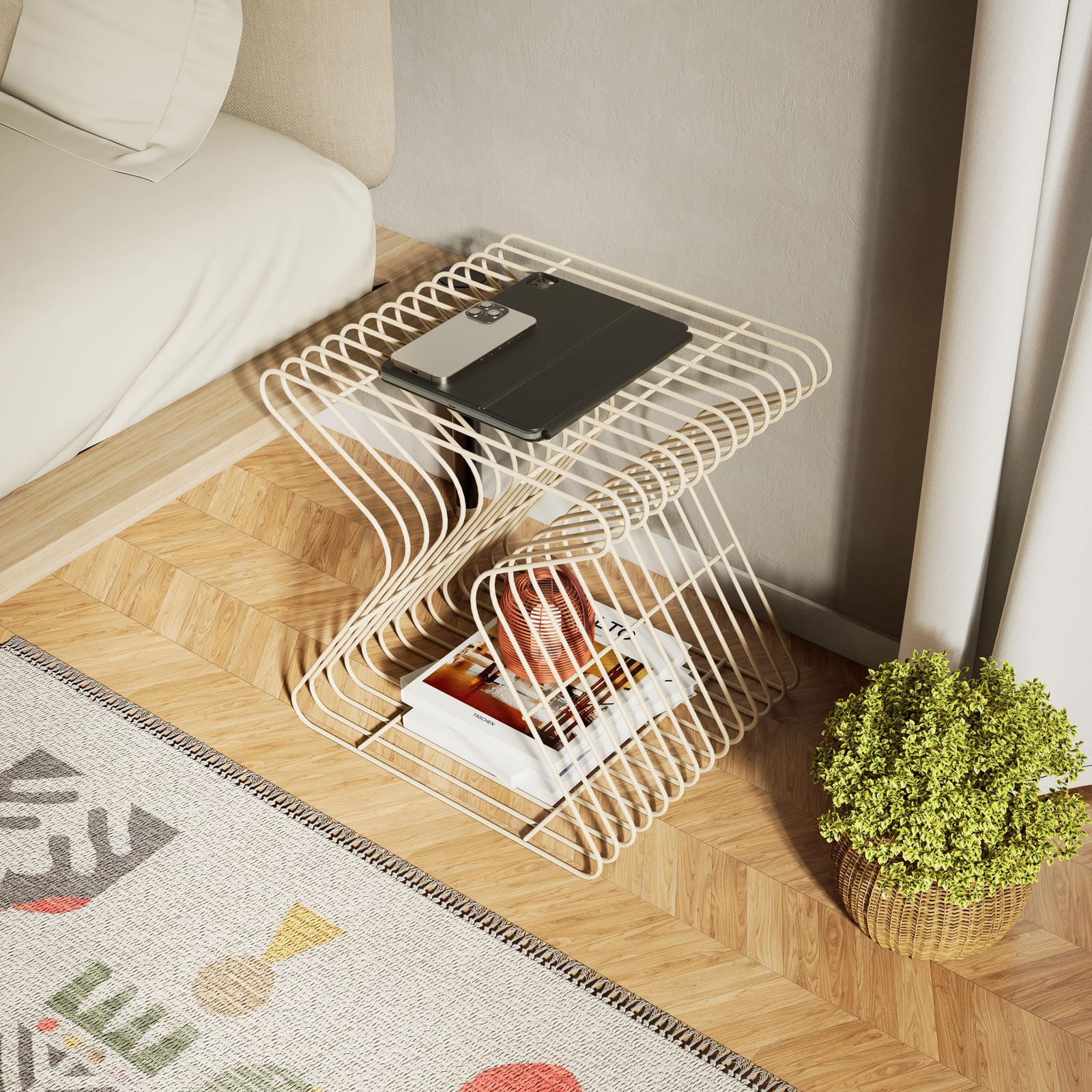 Komodinë Metalike me Strukturë Teli me Magazinim – punim artizanal nga AR-TI Atelier