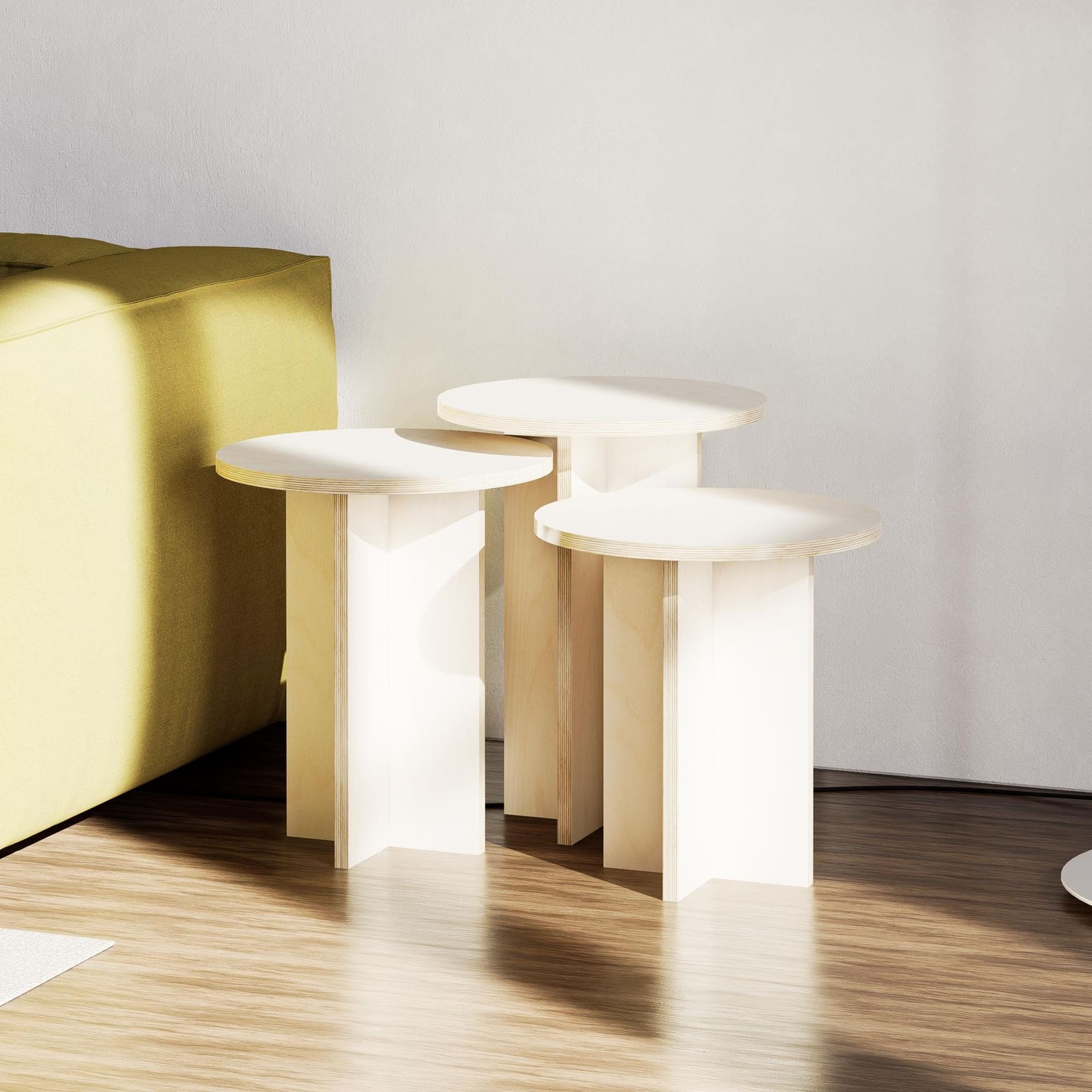 Komodinë Plywood Mështekne (Set 3 Copë) – punim artizanal nga AR-TI Atelier